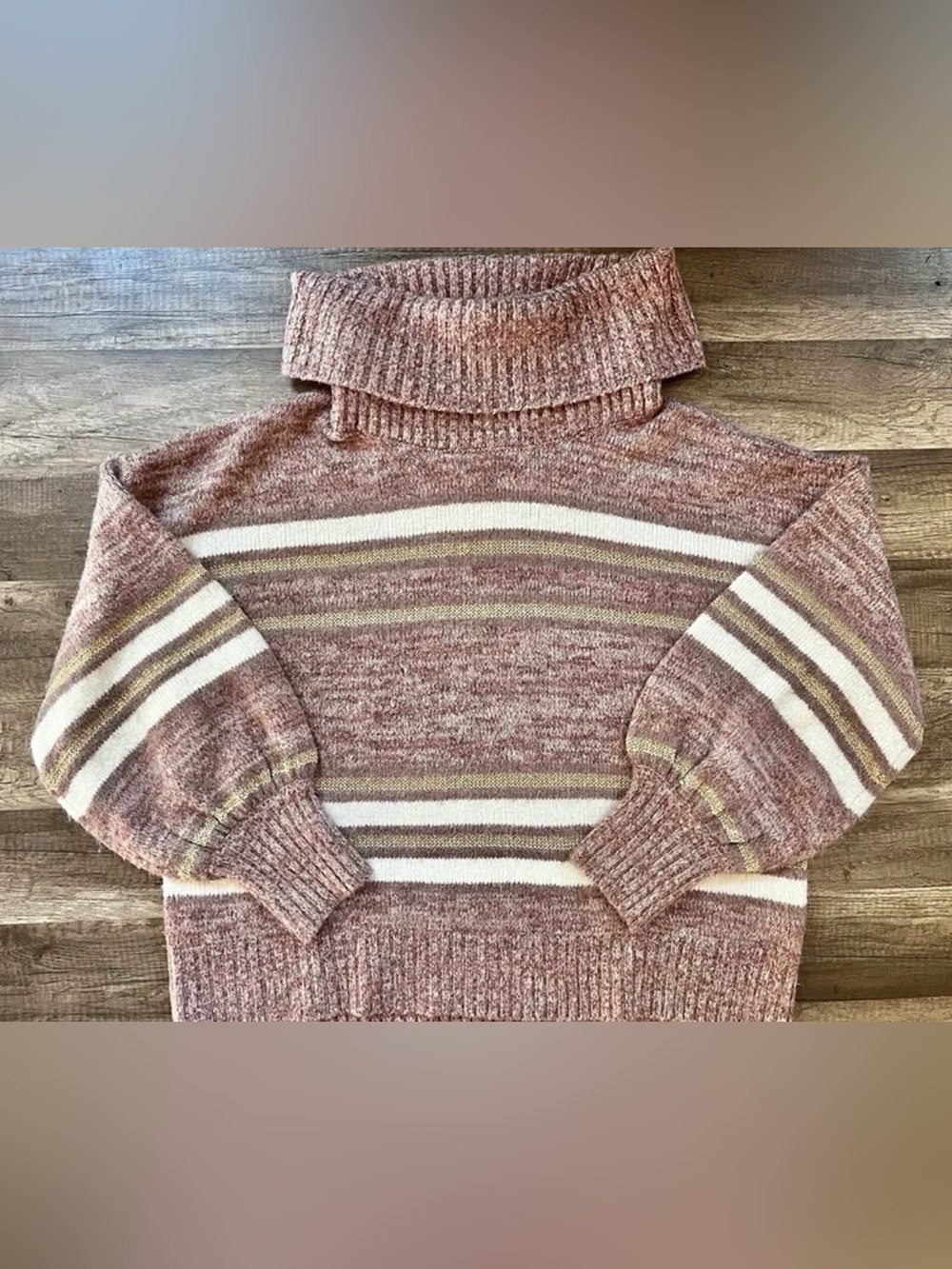 Nine West Stripe Cowl Neck Sweater Women's L Balloon Sleeves Metallic Gold